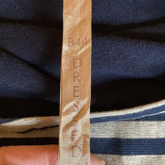 B44 Dressed, Gray/Black Stripe, 3/4 Sleeve Dress with Red Twist back detail. - Picture 6 of 8